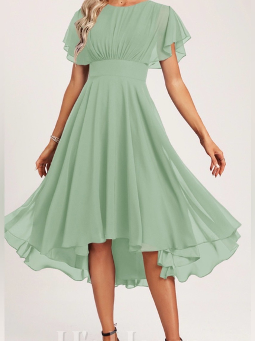 JJ's House 
Sage Green A-line Ruffle Chiffon Dress